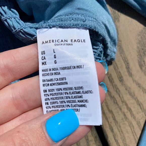 American Eagle large blue sheer cropped ruched mesh sleeve blouse - Picture 6 of 7